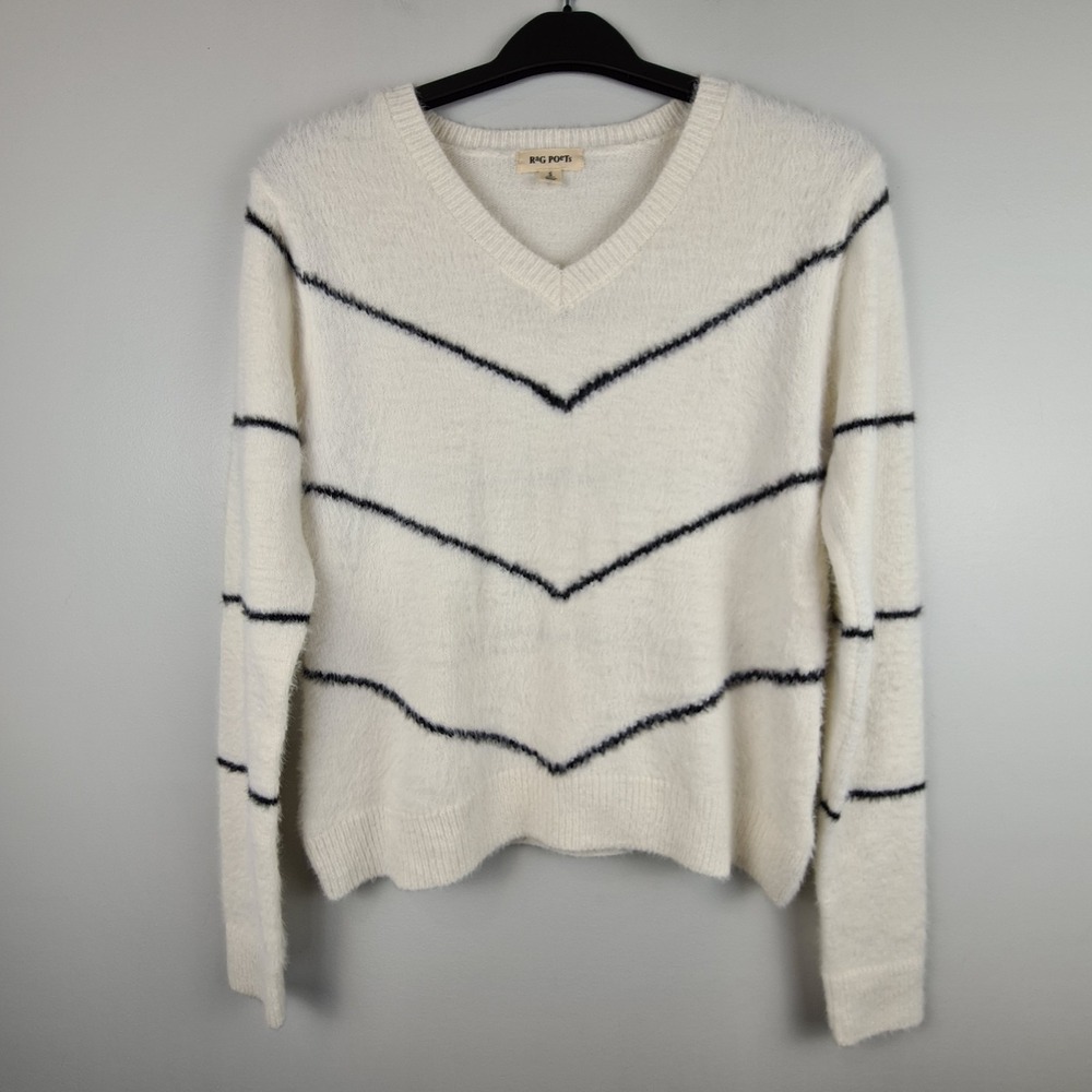 Rag Poets Striped Pullover Sweater Small V-Neck Ivory Cozy Soft Knit‎ Academia